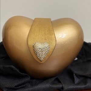 Timmy Woods Purse Gold Heart Crystal Clasp Acacia Wood Vintage Art New